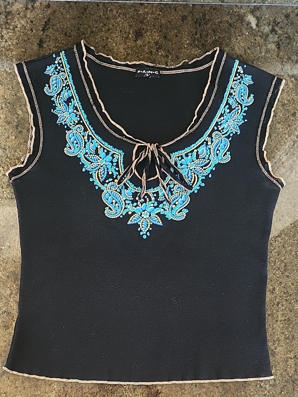 FANG Lace and Beaded Embellished Black Sleeveless Top - Blue Accent - Sz Jrs LG
